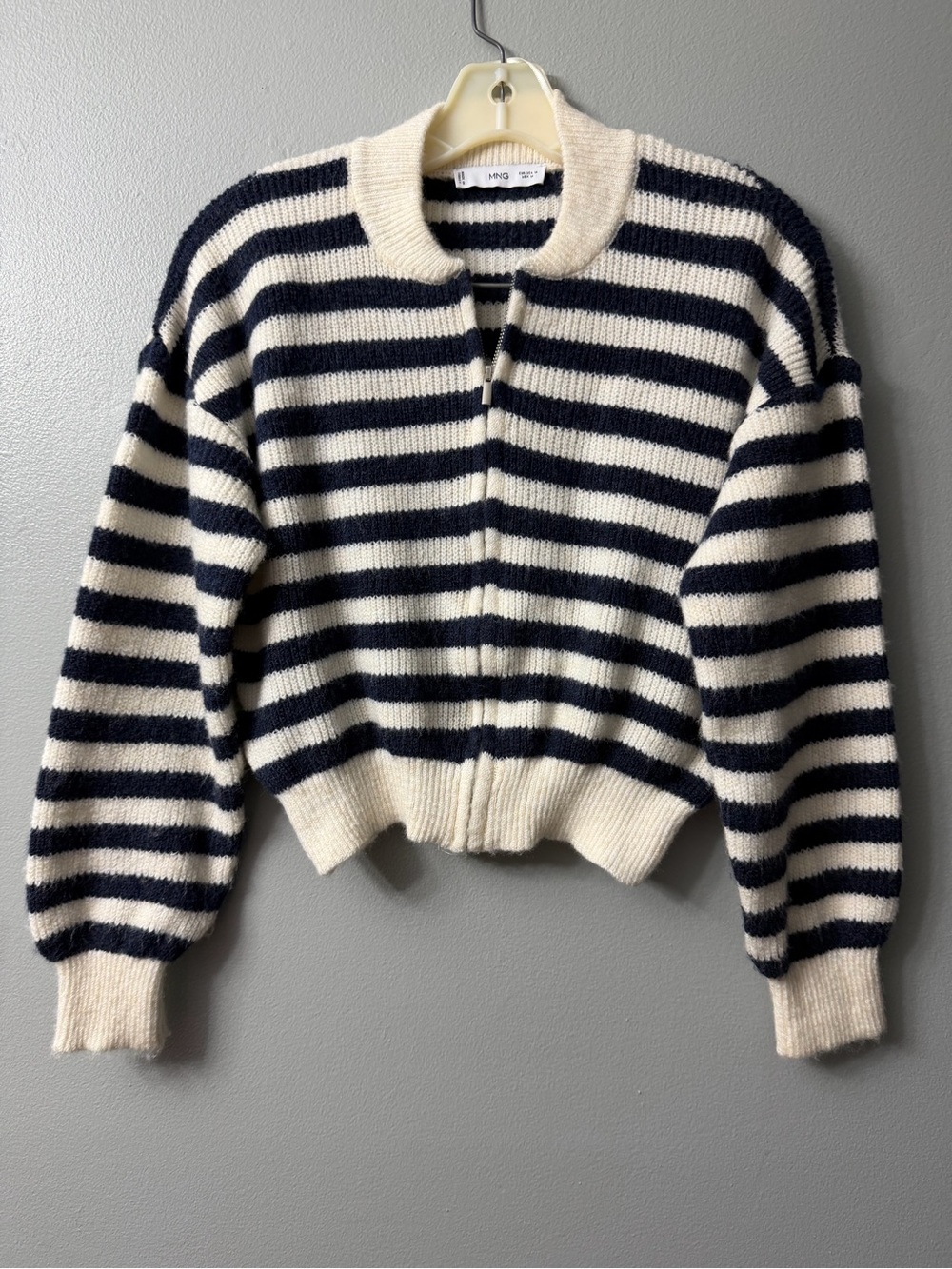 Mango Striped Navy and Cream Knit zip up cardigan crop Sweater medium
